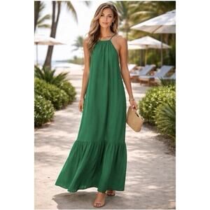 Banana Republic Emerald Green Halter Tiered Maxi Dress Size 8 Resortwear